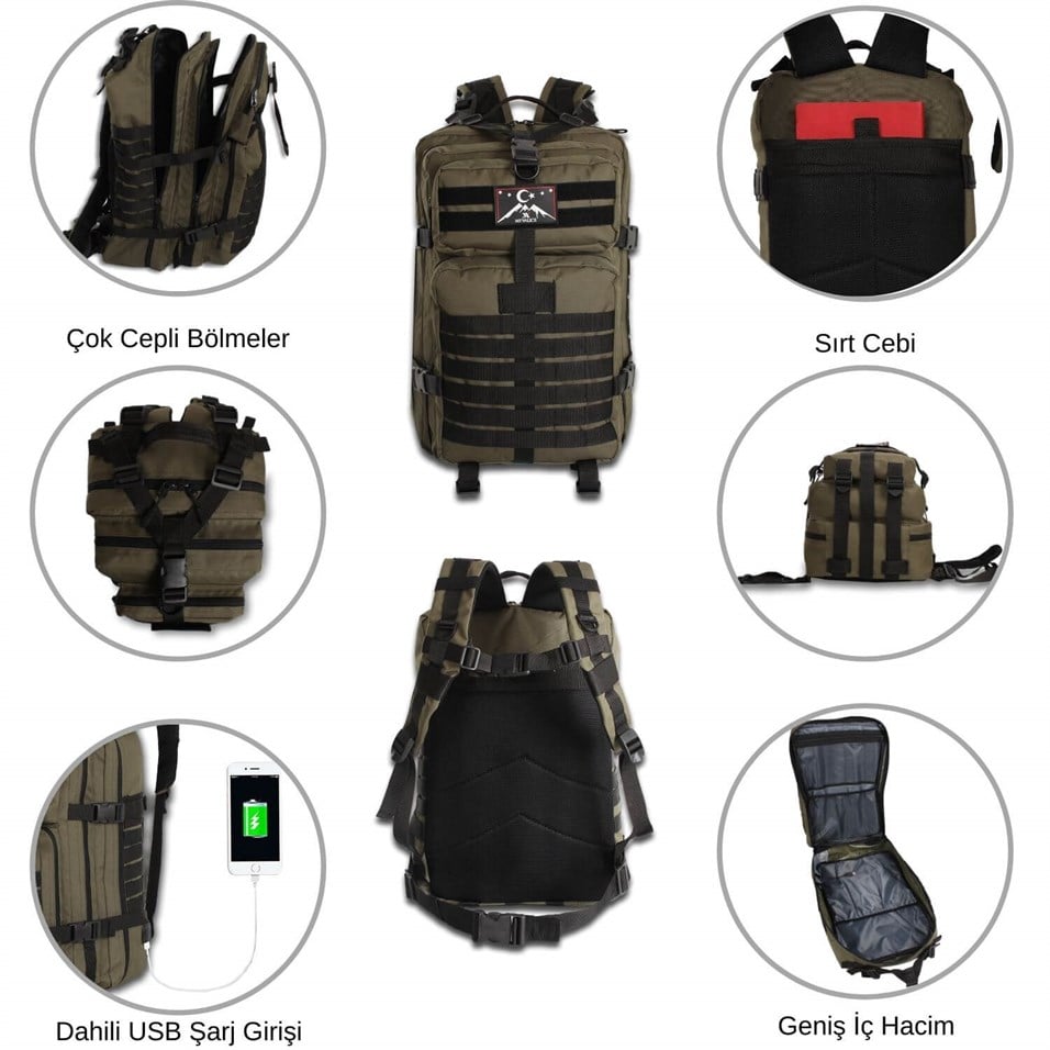My Valice Smart Bag Army 50 lt Usb Şarj Girişli Outdoor Dağcı Sırt Çantası Siyah