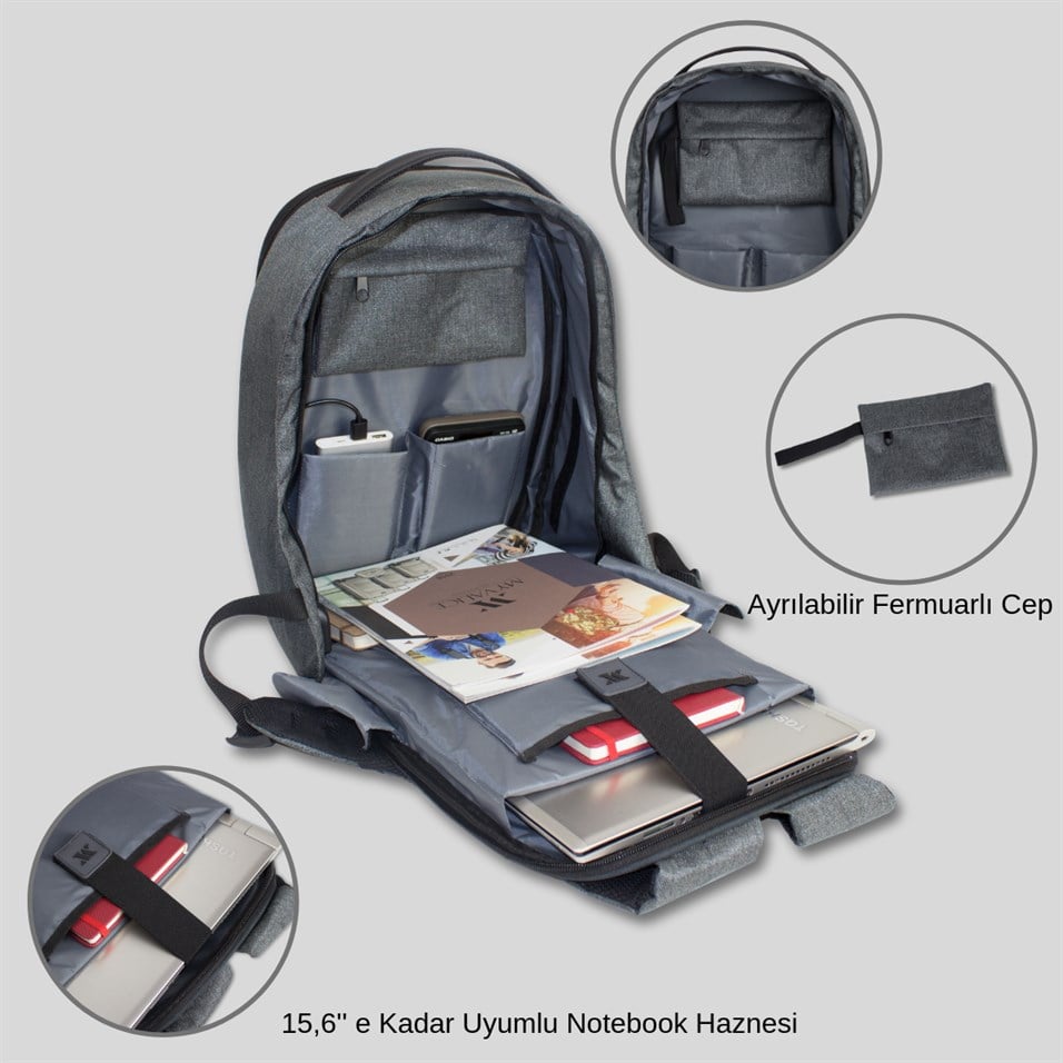 My Valice Smart Bag COSMO Usb Şarj Girişli Körüklü Notebook Sırt Çantası Füme