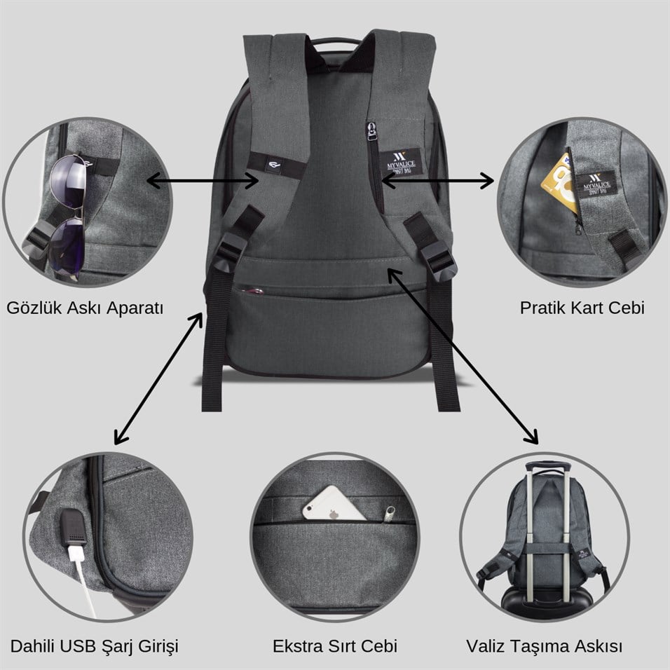 My Valice Smart Bag COSMO Usb Şarj Girişli Körüklü Notebook Sırt Çantası Füme