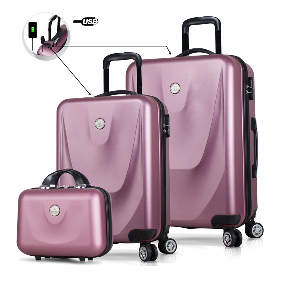 My Valice Smart Bag Energy Usb Şarj Girişli 3'lü Valiz Seti (Kabin, Orta ve Makyaj) Rose