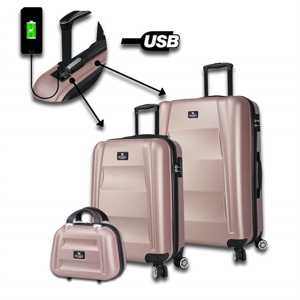 My Valice Smart Bag Exclusive Usb Şarj Girişli 3'lü Valiz Seti (Kabin, Orta ve Makyaj) Rose