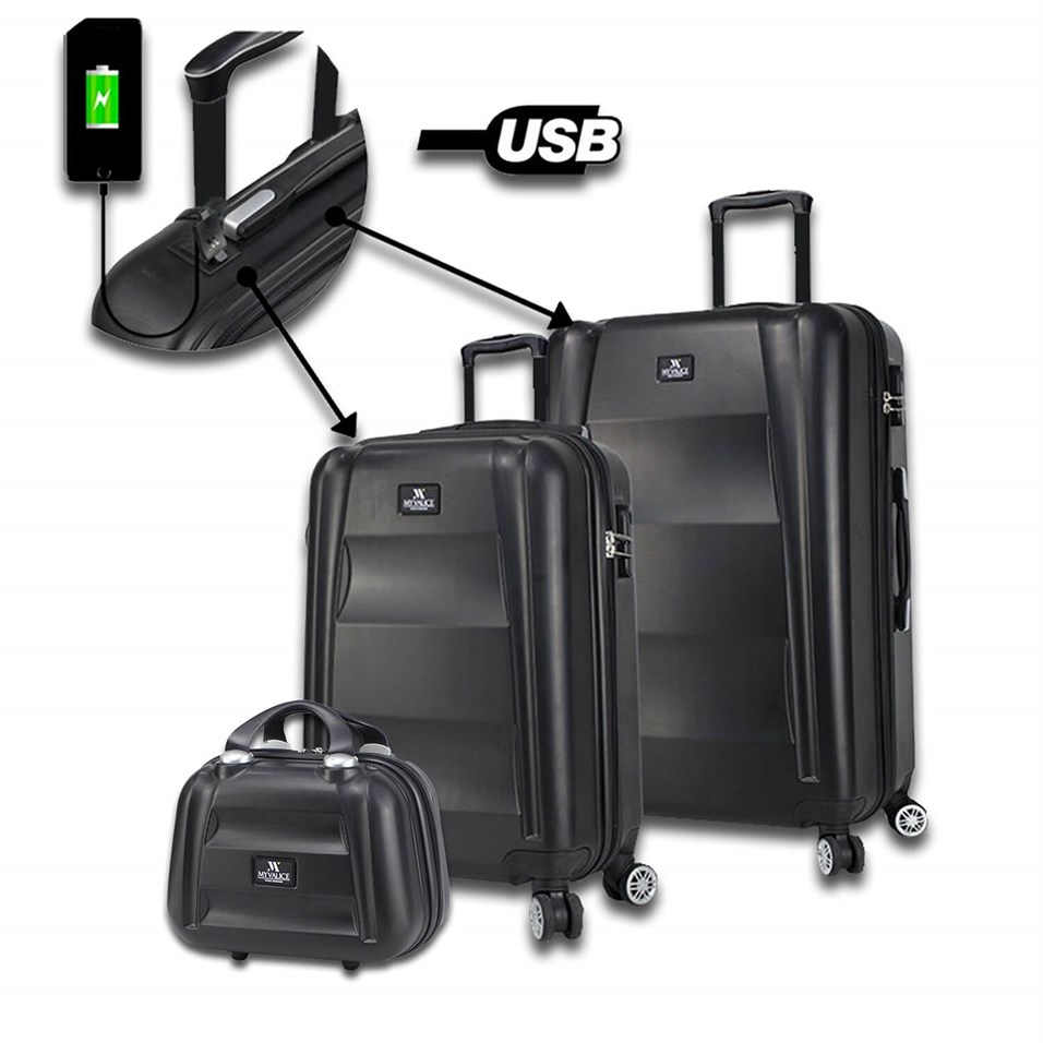 My Valice Smart Bag Exclusive Usb Şarj Girişli 3'lü Valiz Seti (Kabin, Orta ve Makyaj) Siyah