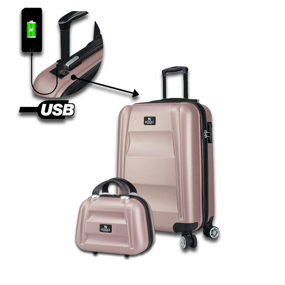 My Valice Smart Bag Exclusive Usb Şarj Girişli 2'li Valiz Seti (Kabin ve Makyaj) Rose