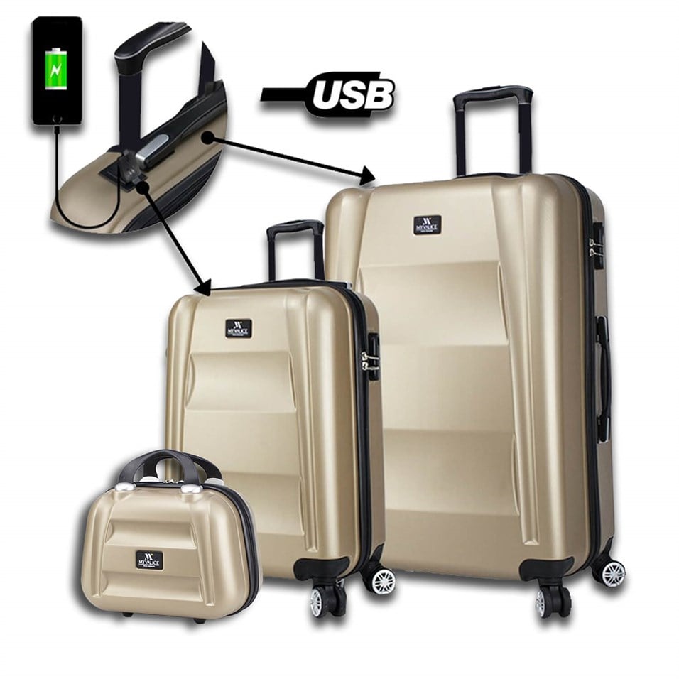 My Valice Smart Bag Exclusive Usb Şarj Girişli 3'lü Valiz Seti (Kabin, Orta ve Makyaj) Gold