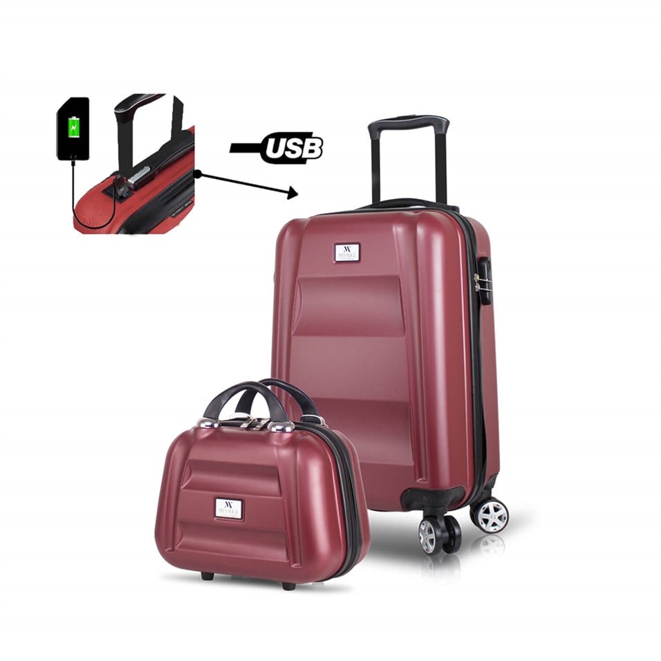 My Valice Smart Bag Exclusive Usb Şarj Girişli 2'li Valiz Seti (Kabin ve Makyaj) Bordo