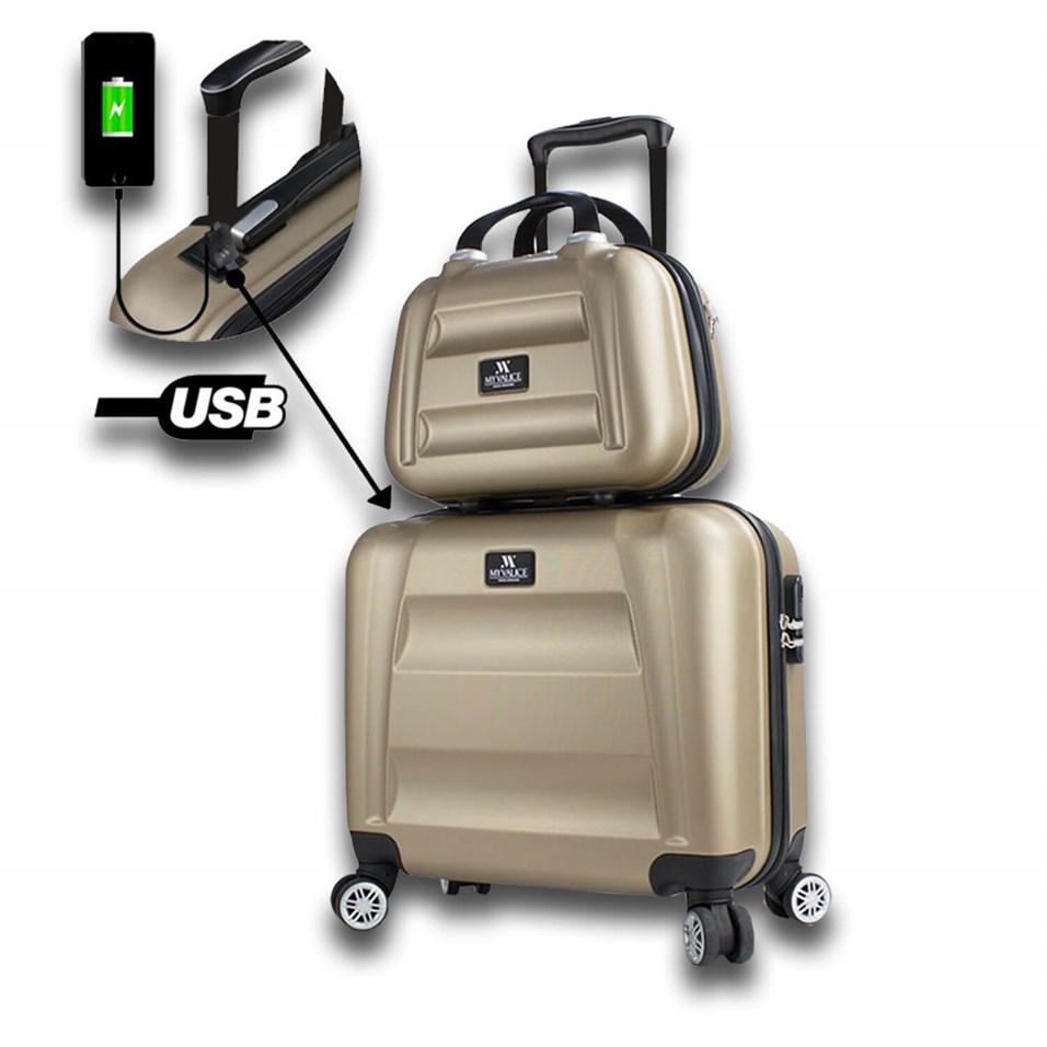 My Valice Smart Bag Exclusive Usb Şarj Girişli 2'li Valiz Seti (Pilot ve Makyaj) Gold
