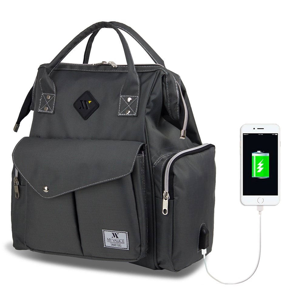 My Valice Smart Bag Happy Mom Usb'li Anne Bebek Bakım ve Sırt Çantası Gri