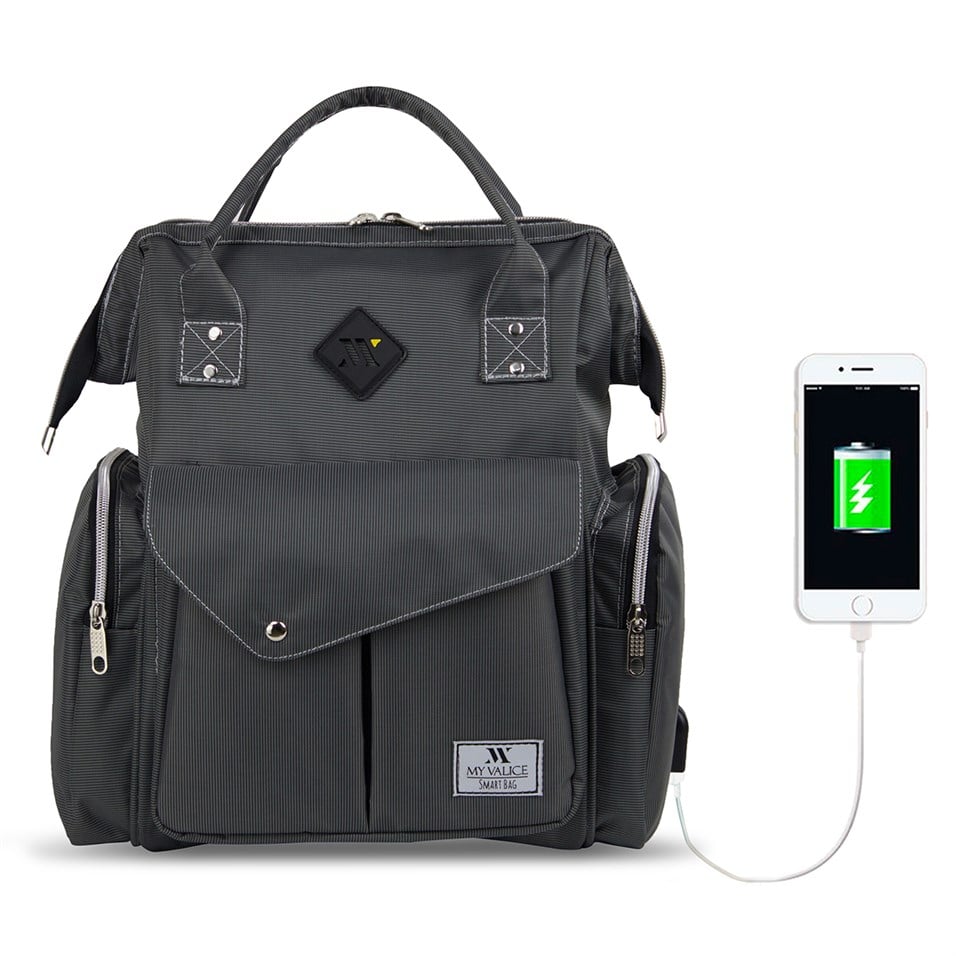 My Valice Smart Bag Happy Mom Usb'li Anne Bebek Bakım ve Sırt Çantası Gri