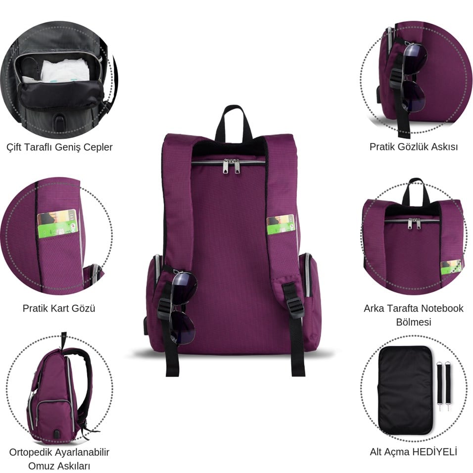 My Valice Smart Bag Mother Star Usb'li Anne Bebek Bakım ve Sırt Çantası Mor