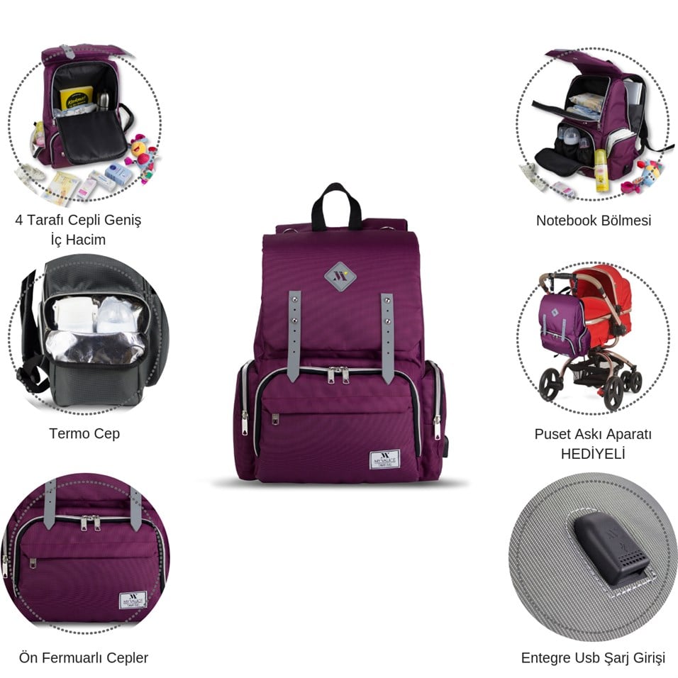 My Valice Smart Bag Mother Star Usb'li Anne Bebek Bakım ve Sırt Çantası Mor