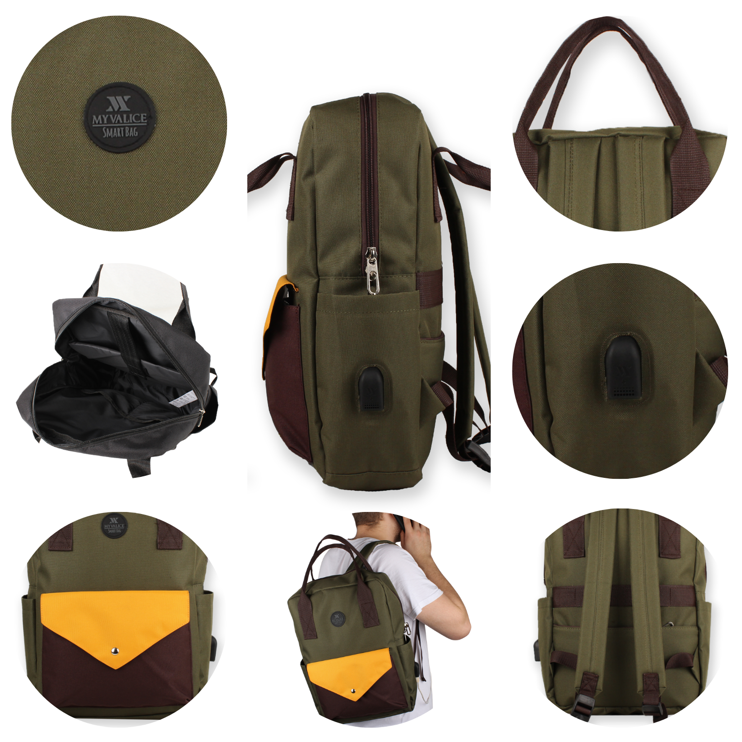 My Valice Smart Bag Post Usb Şarj Girişli Laptop Bölmeli Notebook Sırt Çantası Haki