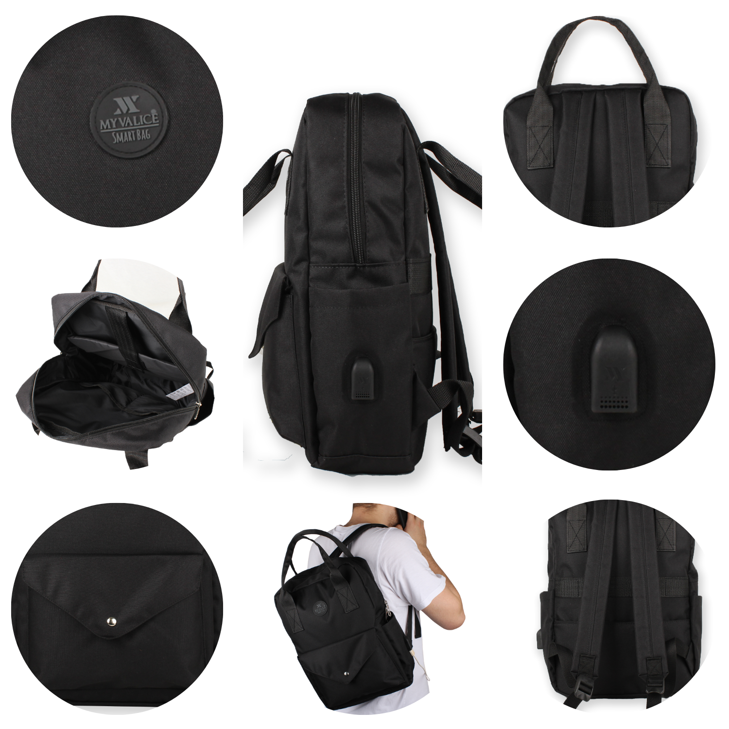 My Valice Smart Bag Post Usb Şarj Girişli Laptop Bölmeli Notebook Sırt Çantası Siyah