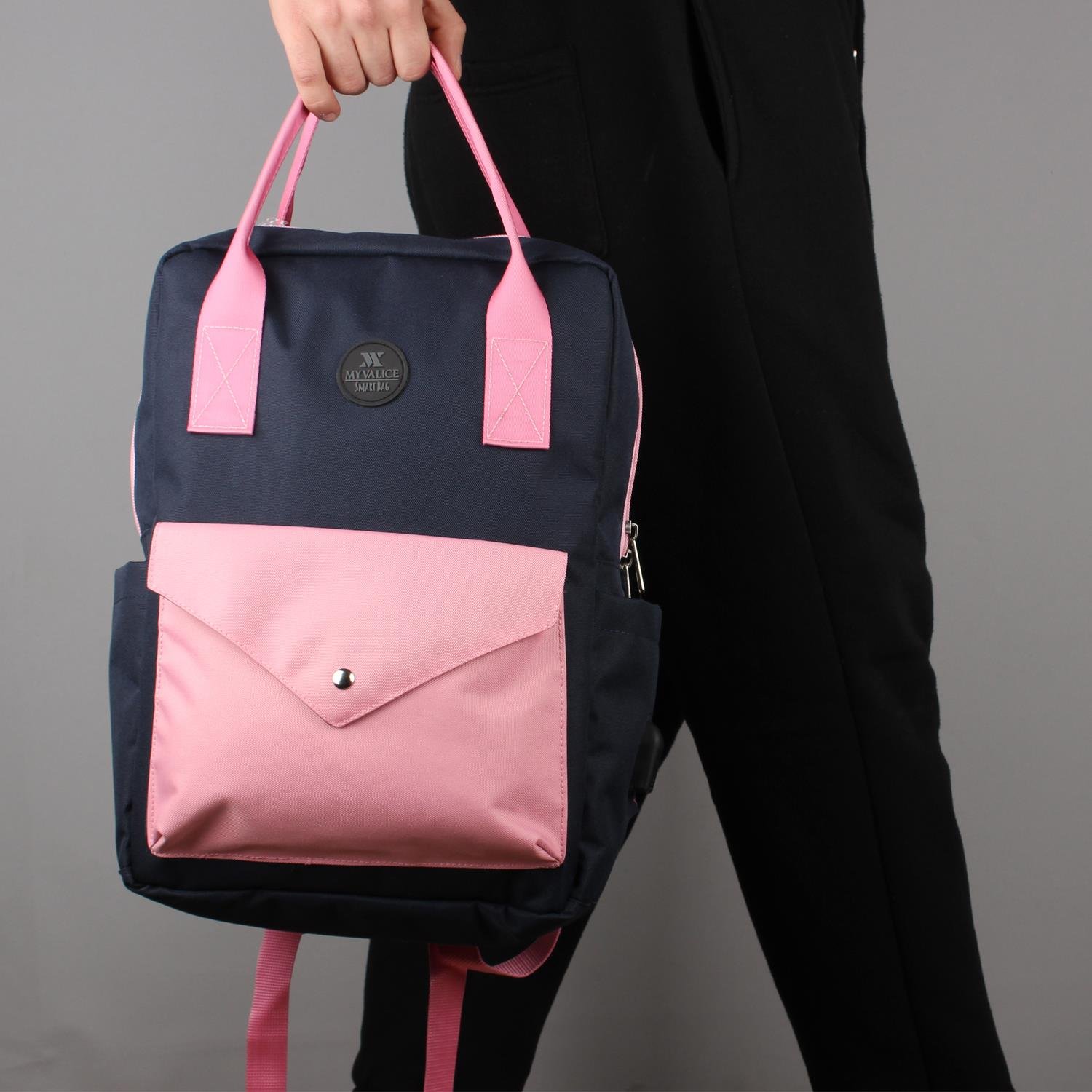 My Valice Smart Bag Post Usb Şarj Girişli Laptop Bölmeli Notebook Sırt Çantası Pembe