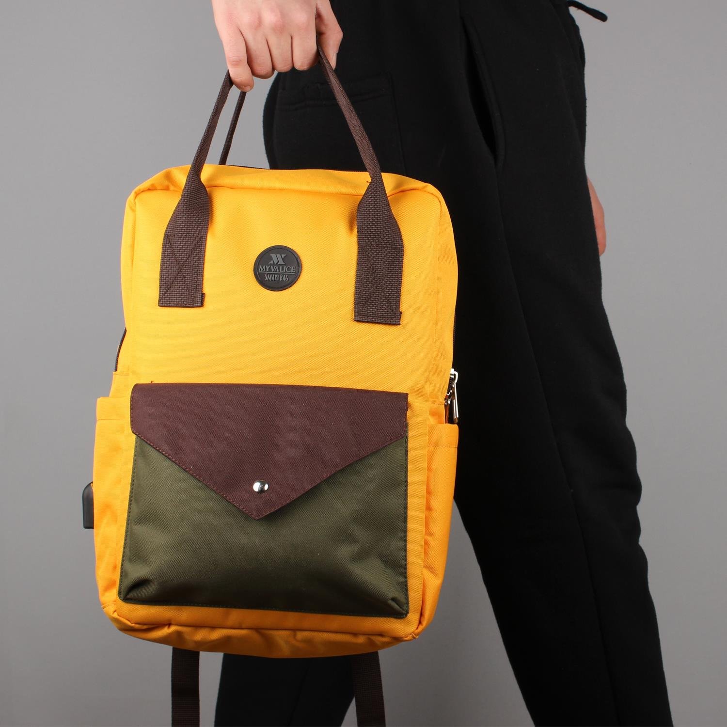 My Valice Smart Bag Post Usb Şarj Girişli Laptop Bölmeli Notebook Sırt Çantası Hardal