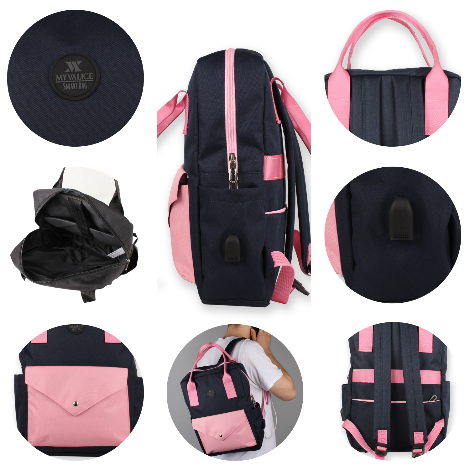 My Valice Smart Bag Post Usb Şarj Girişli Laptop Bölmeli Notebook Sırt Çantası Pembe