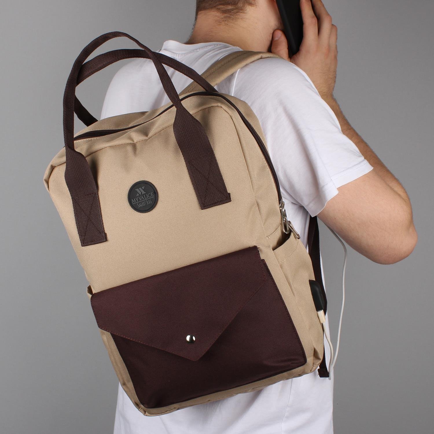 My Valice Smart Bag Post Usb Şarj Girişli Laptop Bölmeli Notebook Sırt Çantası Krem