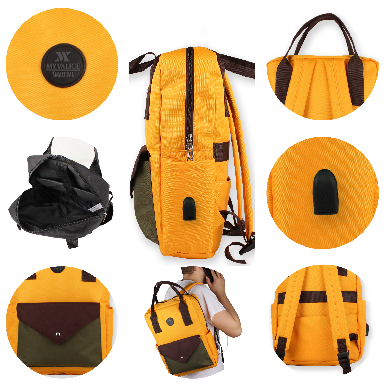 My Valice Smart Bag Post Usb Şarj Girişli Laptop Bölmeli Notebook Sırt Çantası Hardal