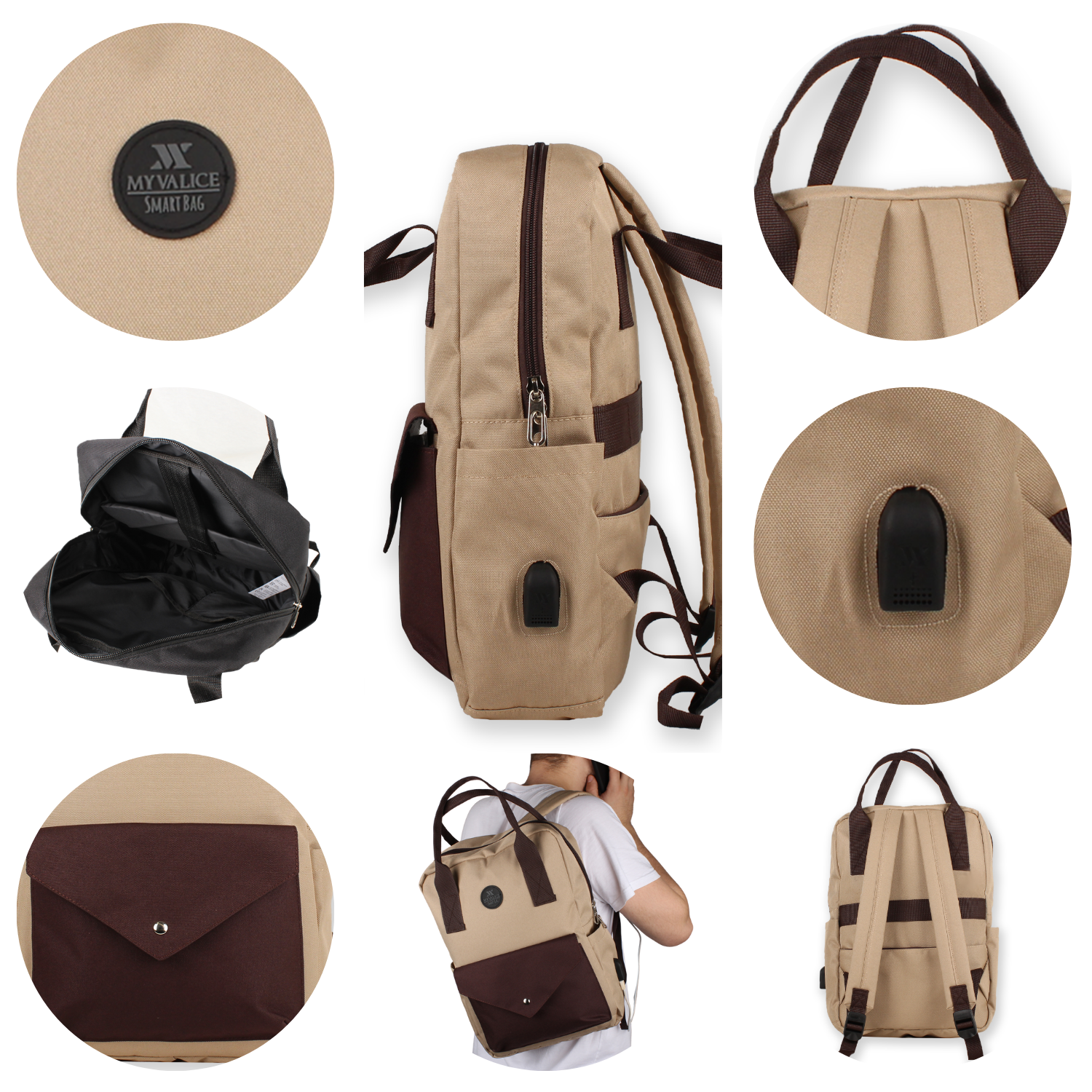 My Valice Smart Bag Post Usb Şarj Girişli Laptop Bölmeli Notebook Sırt Çantası Krem