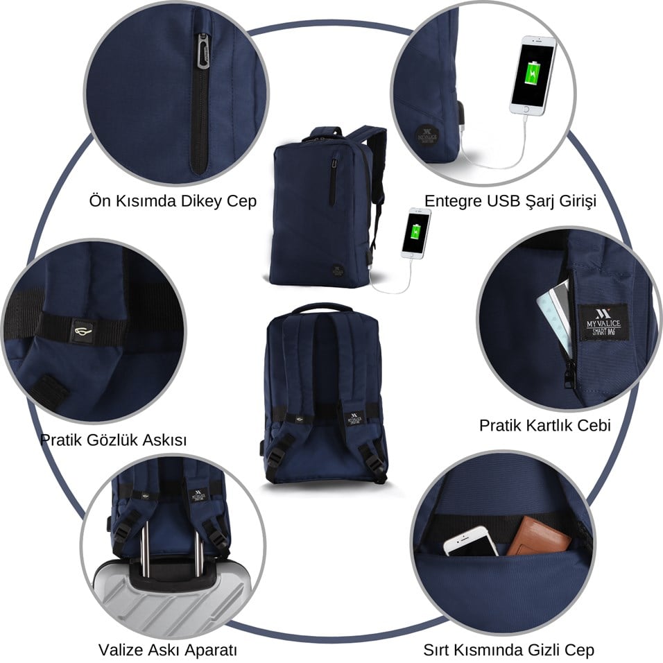 My Valice Smart Bag Usb Şarj Girişli Akıllı Sırt Çantası 1209 Lacivert