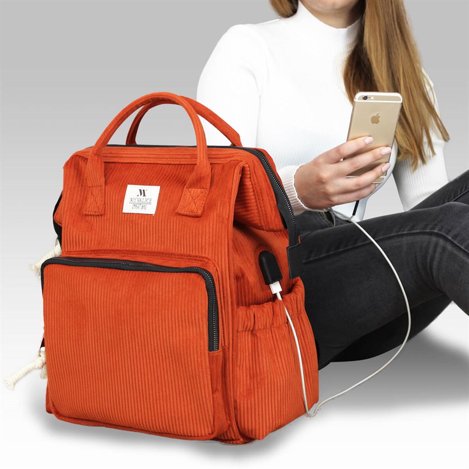 My Valice Smart Bag Usb'li Kadife Anne Bebek Bakım ve Sırt Çantası 1402 Turuncu