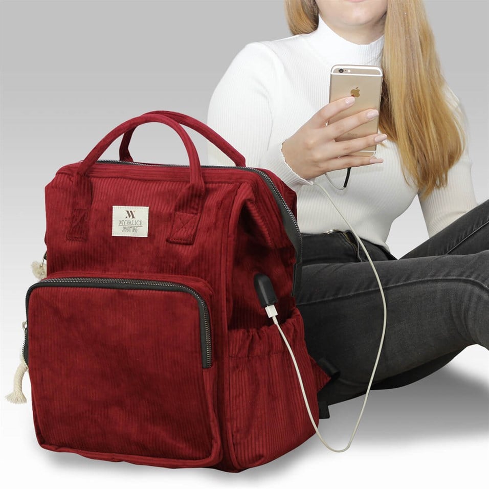 My Valice Smart Bag Usb'li Kadife Anne Bebek Bakım ve Sırt Çantası 1402 Bordo