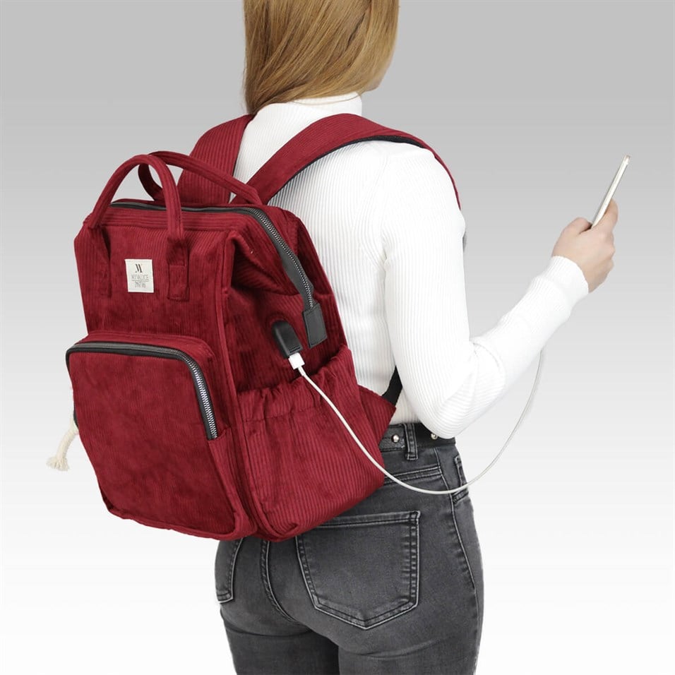 My Valice Smart Bag Usb'li Kadife Anne Bebek Bakım ve Sırt Çantası 1402 Bordo