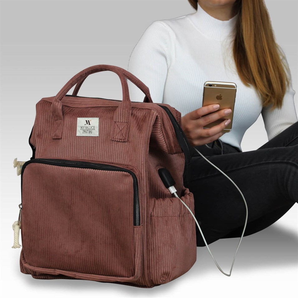 My Valice Smart Bag Usb'li Kadife Anne Bebek Bakım ve Sırt Çantası 1402 Gül Kurusu