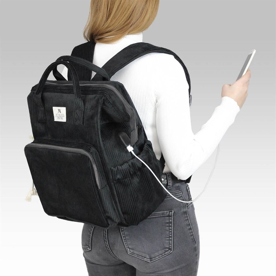 My Valice Smart Bag Usb'li Kadife Anne Bebek Bakım ve Sırt Çantası 1402 Siyah