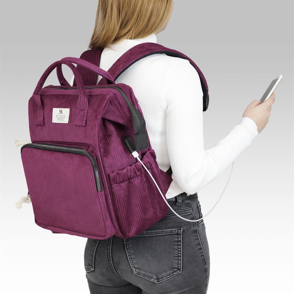 My Valice Smart Bag Usb'li Kadife Anne Bebek Bakım ve Sırt Çantası 1402 Mürdüm