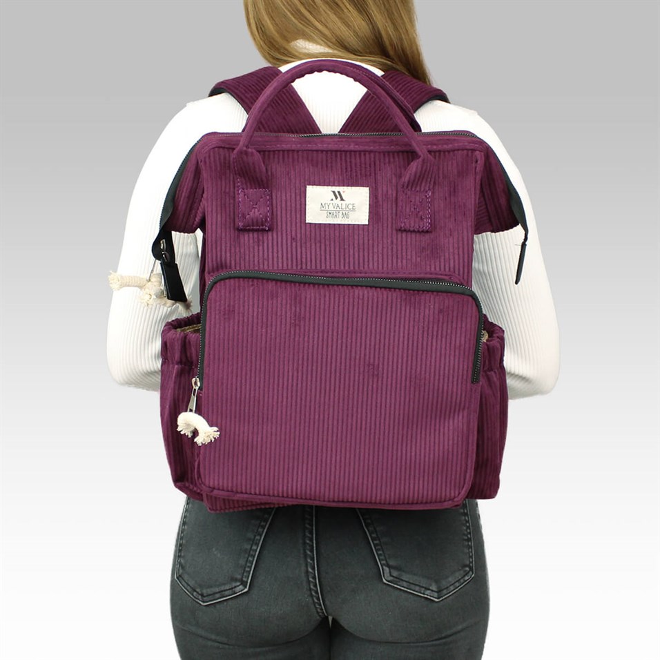 My Valice Smart Bag Usb'li Kadife Anne Bebek Bakım ve Sırt Çantası 1402 Mürdüm