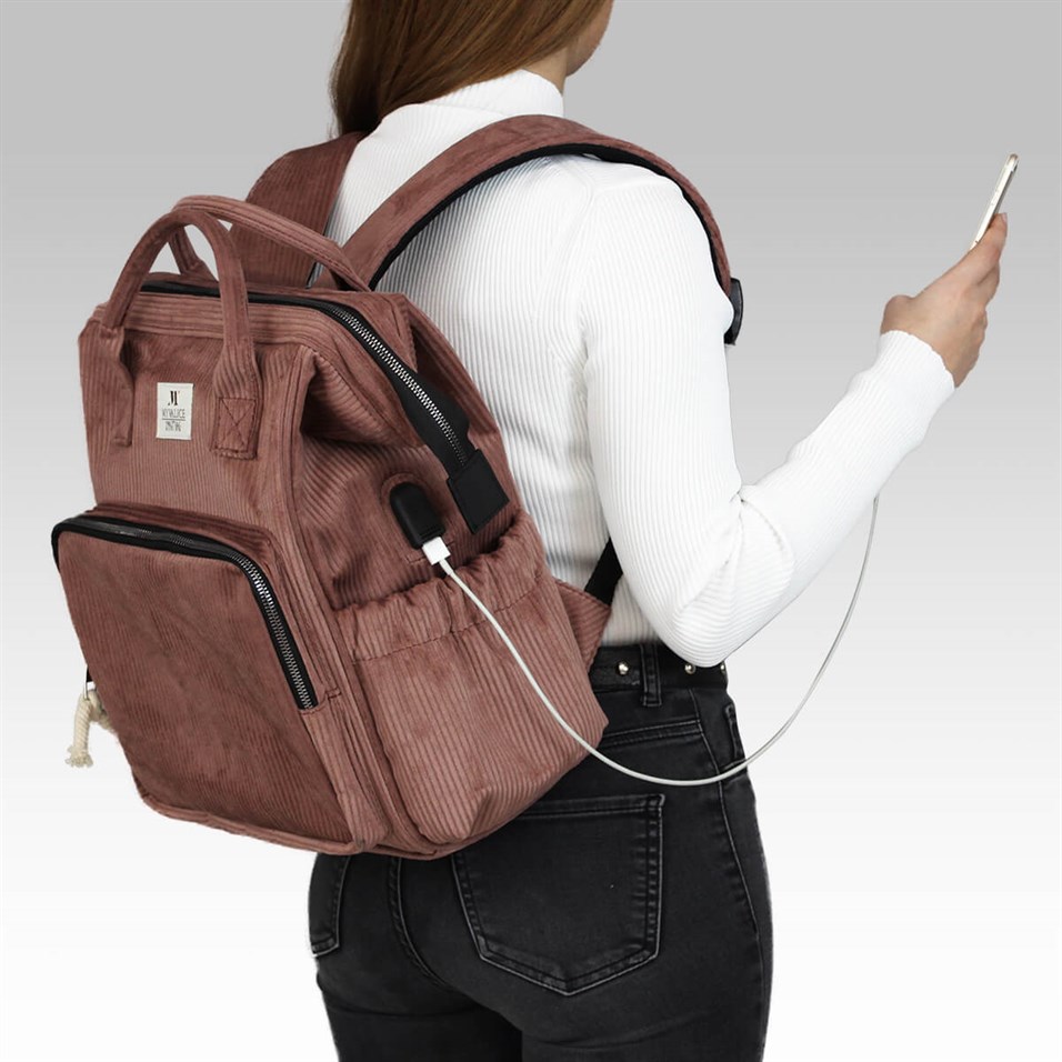 My Valice Smart Bag Usb'li Kadife Anne Bebek Bakım ve Sırt Çantası 1402 Gül Kurusu