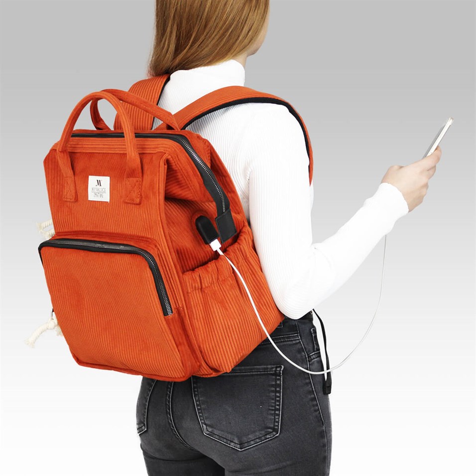 My Valice Smart Bag Usb'li Kadife Anne Bebek Bakım ve Sırt Çantası 1402 Turuncu