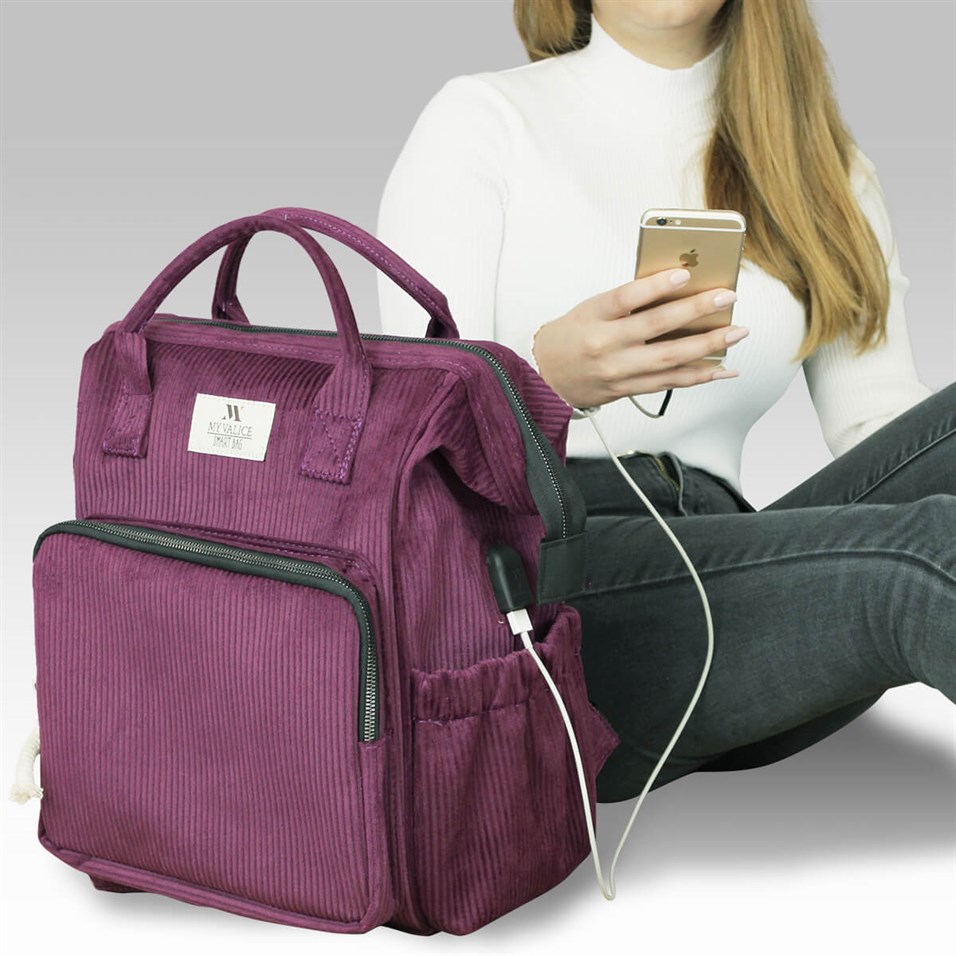 My Valice Smart Bag Usb'li Kadife Anne Bebek Bakım ve Sırt Çantası 1402 Mürdüm