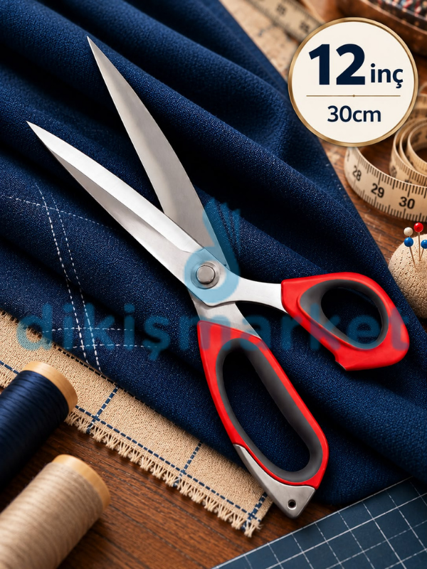12 No | Kırmızı Saplı | Profesyonel Paslanmaz Çelik | Terzi Makası | 30 Cm | 12 inç