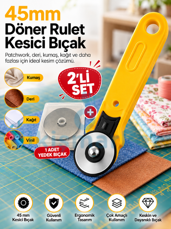 45mm Döner Rulet Kesici Bıçak 45mm Döner Rulet Kesici Bıçak Yedek Bıçaklı Set