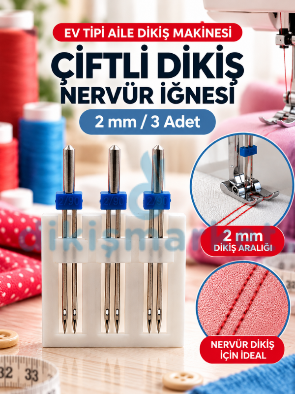 Ev Tipi Aile Dikiş Makinesi Çiftli Dikiş nervür İğnesi / 130/705 H ZWI 2.0/90 3 Adet