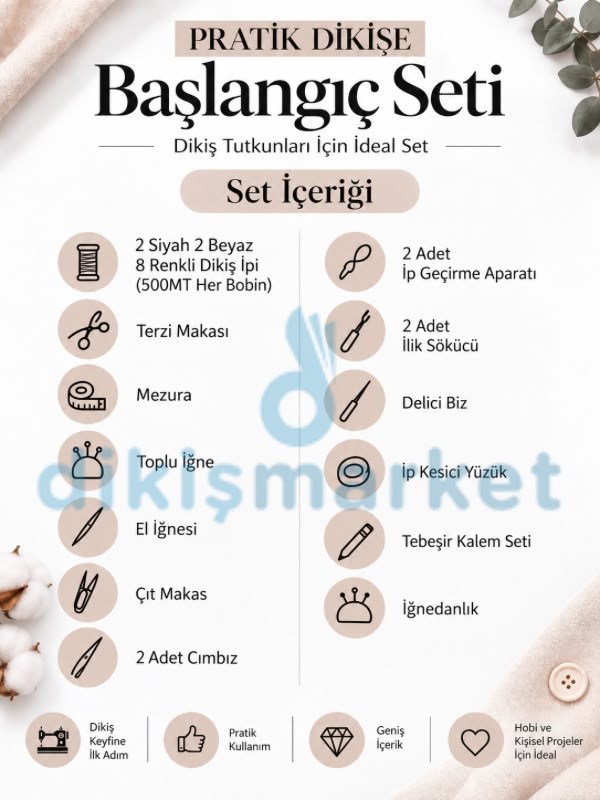 Ev tipi dikiş makinası kursiyerleri için başlangıç seti