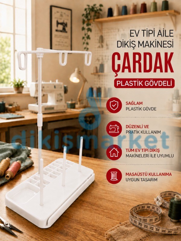 Ev Tipi Dikiş Makine Çardağı|3 İplikli Beyaz Plastik Çardak Seti|Tüm Ev Tipi Makinelere Uygundur