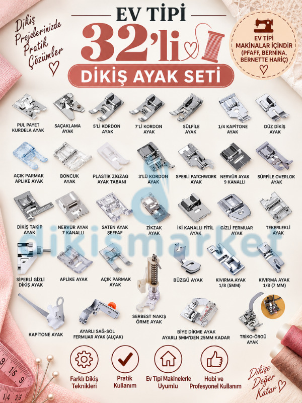 Ev Tipi Dikiş Makinesi GT-32|Ayak Seti|32 Li Ayak seti|Tüm Ev Tipi Makinalar İçin Uygundur