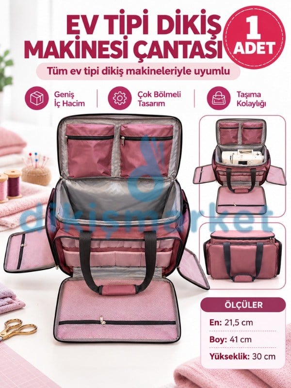 Ev Tipi Dikiş Makinesi Taşıma Çantası Pembe – Çok Bölmeli, 21,5 x 41 x 30 cm