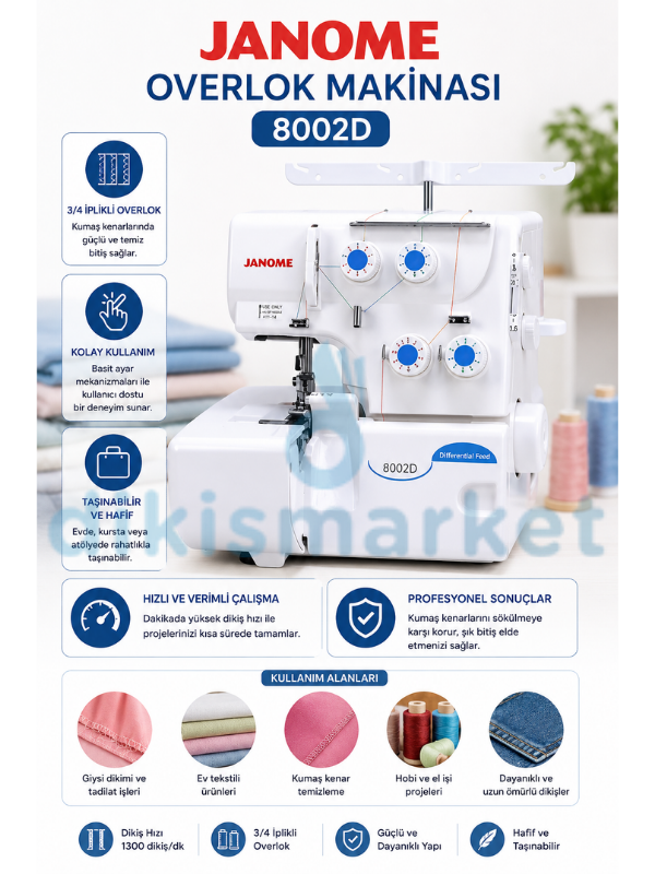 Janome 8002D Taşınabilir Overlok Makinesi