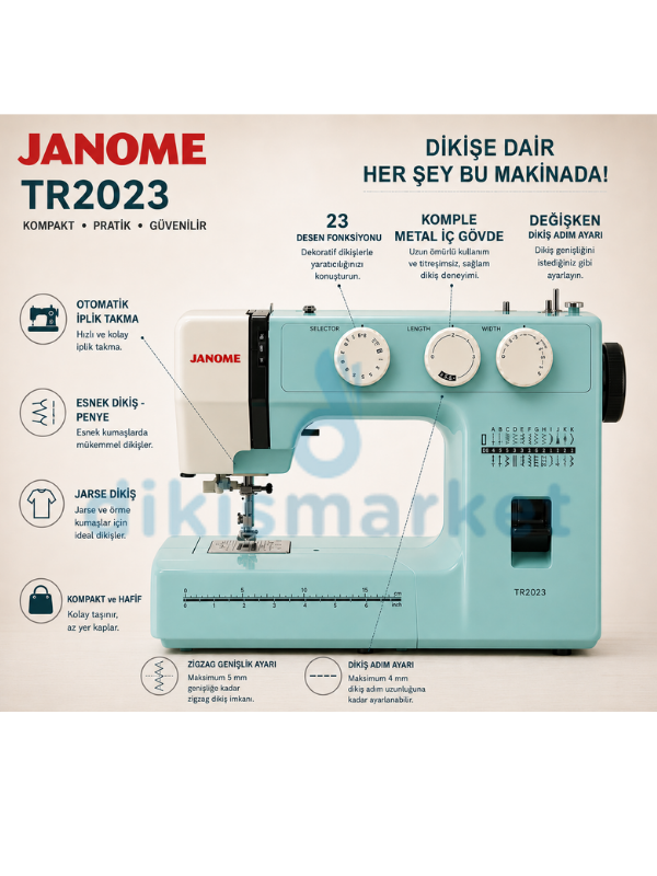 Janome TR 2023 Dikiş Makinesi|23 Adet Dekoratif Dikiş|5 mm Genişliğinde Zigzak|Tek Adımda İlik Açabilme
