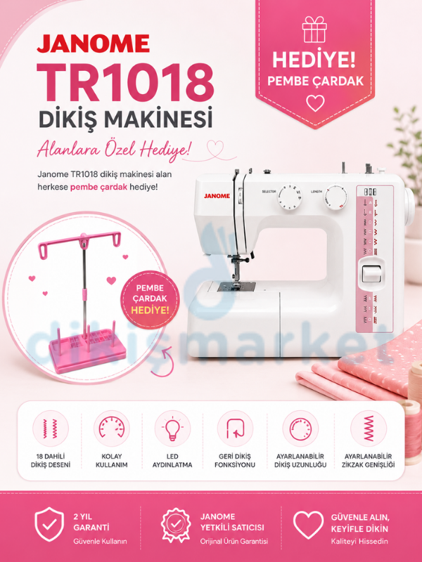 Janome TR1018 Dikiş Makinesi | 13 Değişik Dekoratif Dikiş | 5 mm Genişliğinde Zigzak | 4mm Dikiş Adım Ayarı | Komple Metal