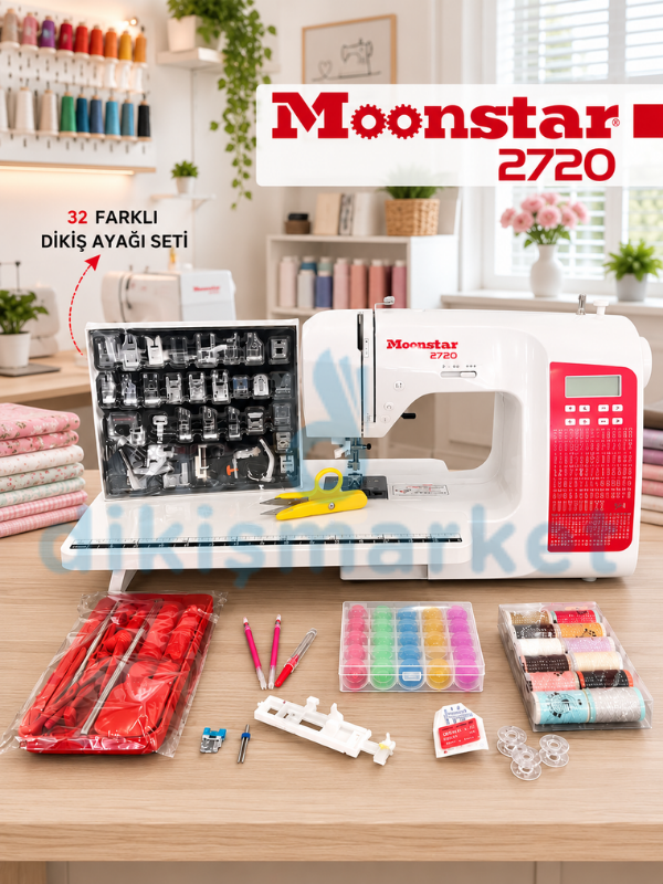 Moonstar 2720 Ev Tipi Elektronik Dikiş Ve Piko Makinesi | Uzatma Tabla | 32li Ayak | Çardak | 25li Masura | 12li Mini İp | Çıt Makas