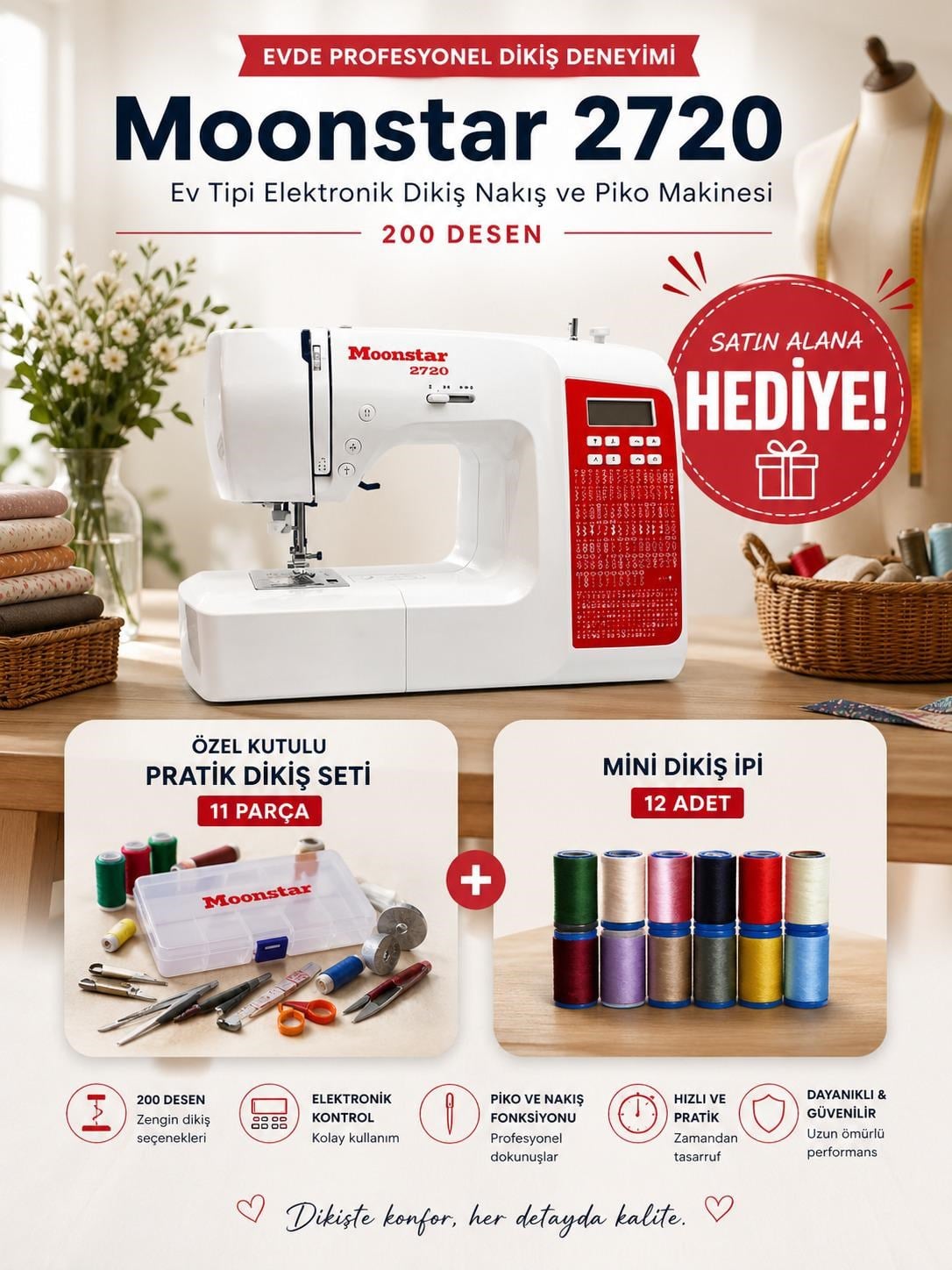 Moonstar 2720 Ev Tipi Elektronik Dikiş Nakış ve Piko Makinesi | 200 Desen | Dahili 6 Farklı Dikiş Ayağı | 7mm Zigzag |Tek Adımda İlik Açabilme | Tam Devir
