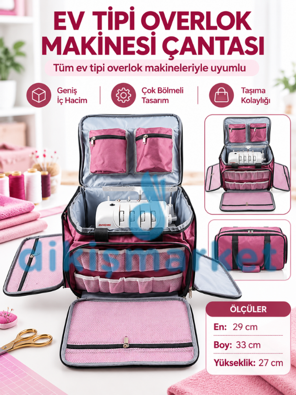 Overlok Ev Tipi Dikiş Makine Çantası | Overlok Çanta Hurcu | Profesyonel Dikiş Makinesi Çantası | Pembe | En: 29Cm | Boy:33 Cm | Yükseklik: 27 Cm