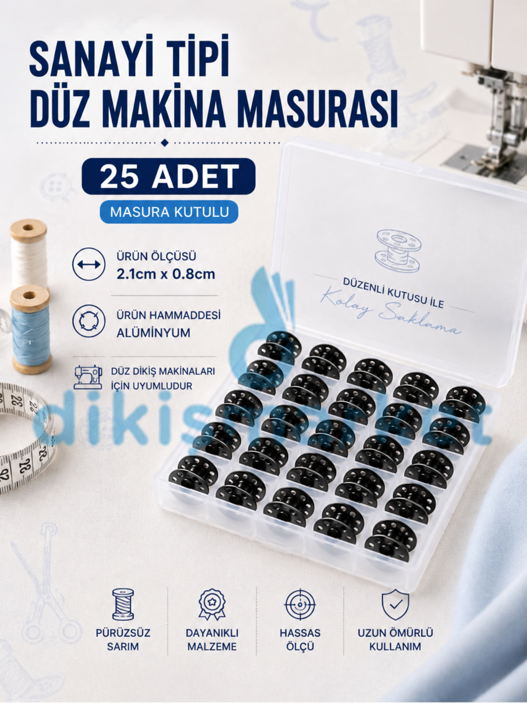 Sanayi Tipi Düz Dikiş Makinesi|Siyah|Delikli|Masura|25 Adet|Kutulu