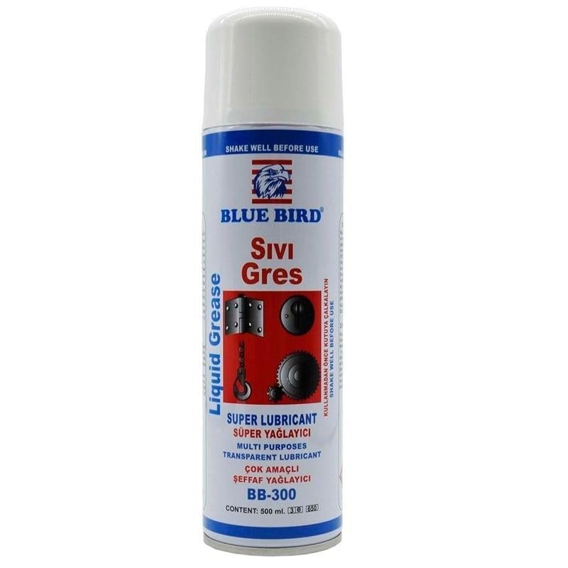 Ürün Adı: Sıvı Gres Sprey   Ölçü: 500ml  Kodu: BLUE.036 (BB-300)  Marka: Blue Bird  Menşei: Türkiye  Açıklama: Kapı menteşe ve pimlerinde,dişliler,raylar, darbe ve sallantıya maruz kalan tüm parçaların yağlanması işleminde kullanılır.Su ile birleşmez ve o