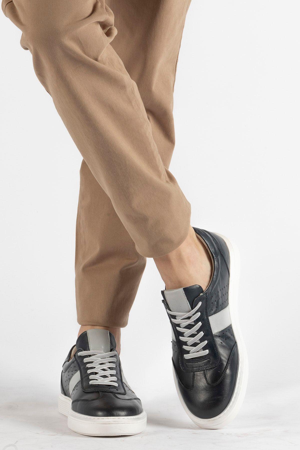 Hakiki Deri Erkek Bağcıklı Lacivert Günlük Sneaker Ayakkabı