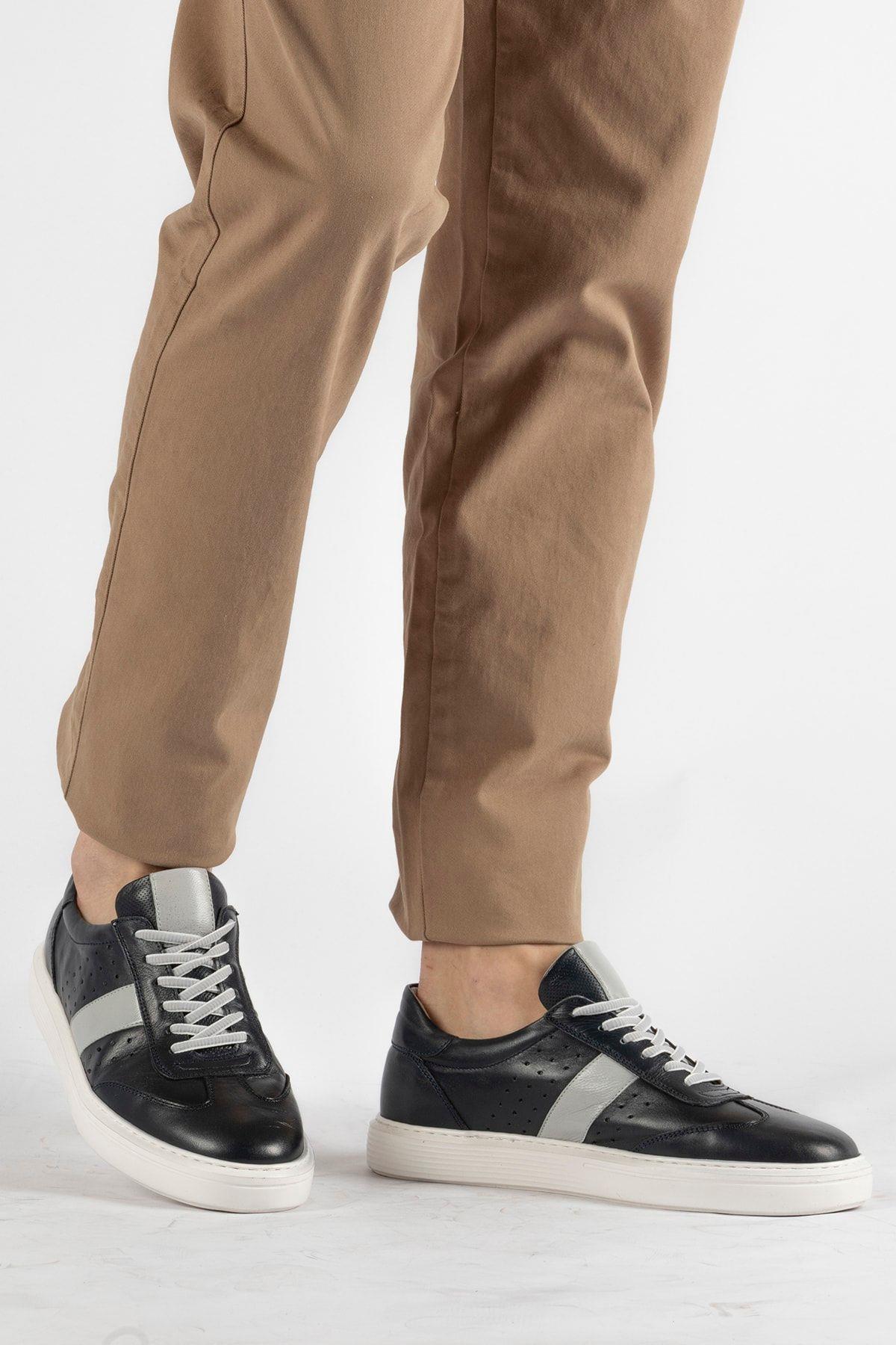 Hakiki Deri Erkek Bağcıklı Lacivert Günlük Sneaker Ayakkabı